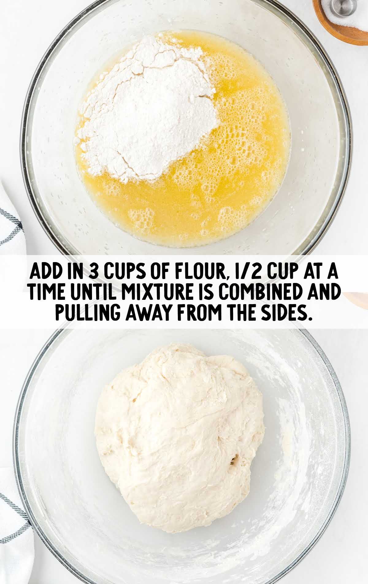 flour added to the water and yeast mixture and then whisked together in a bowl 