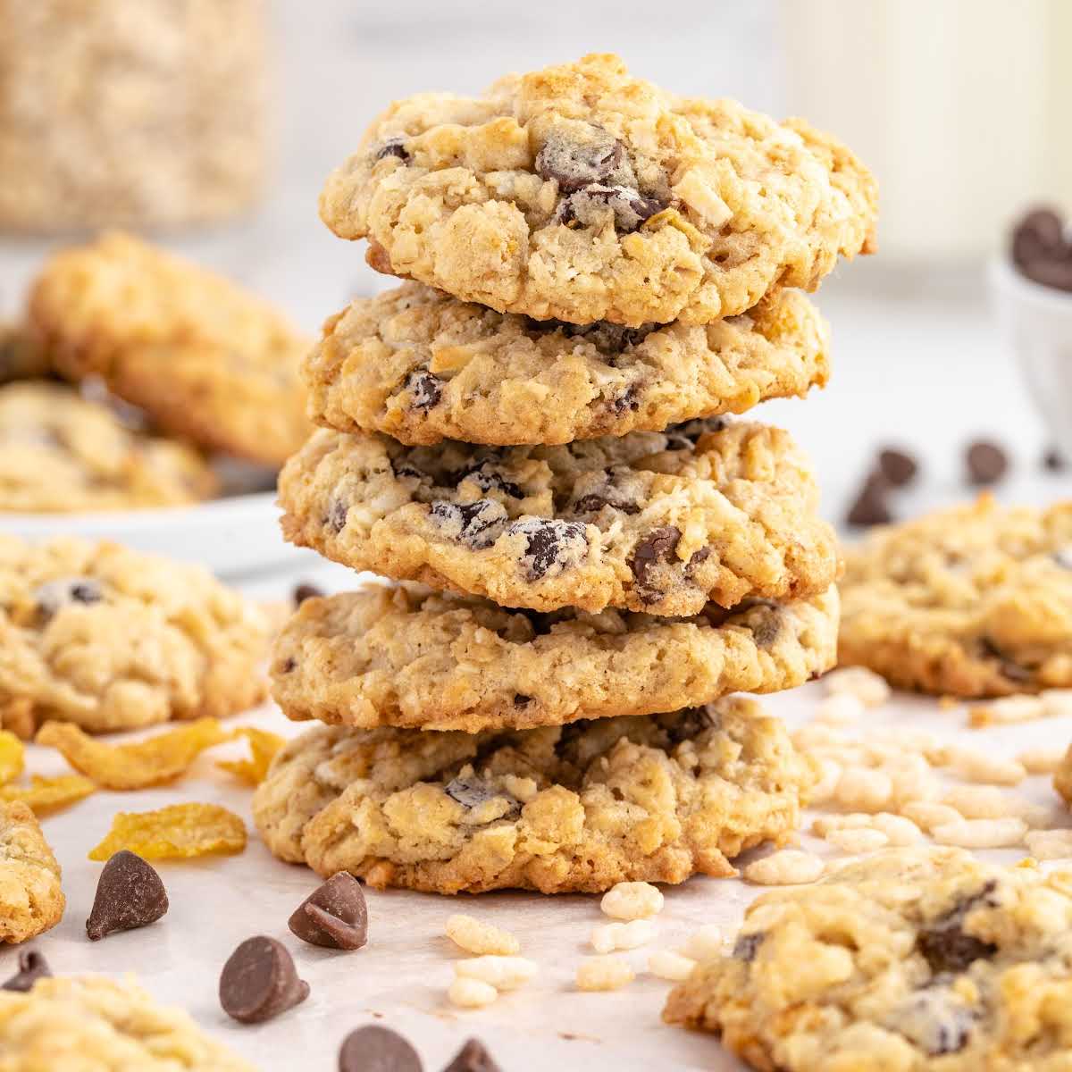 close up shot of Ranger Cookies stacked on top of each other