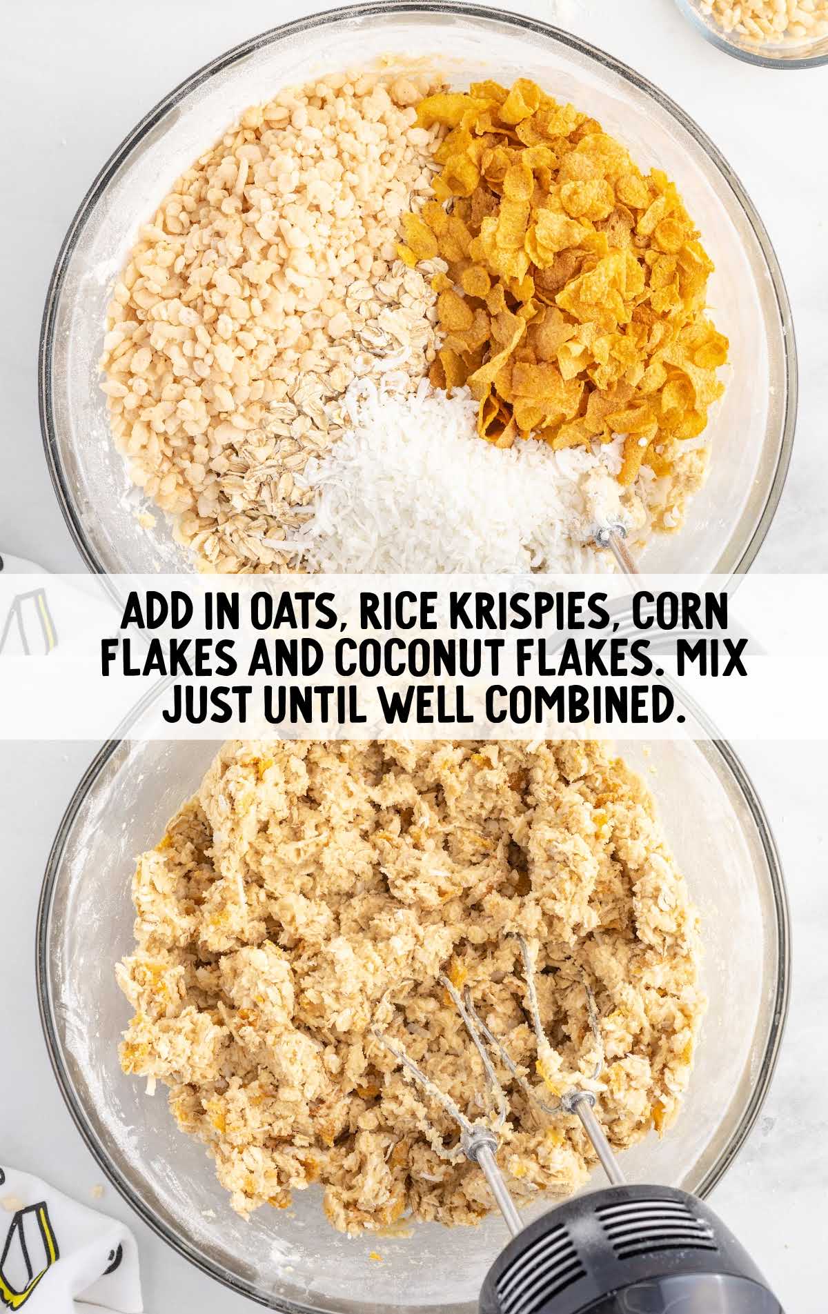 oats, rice krispies, corn flakes and coconut flakes in a bowl and then blended together