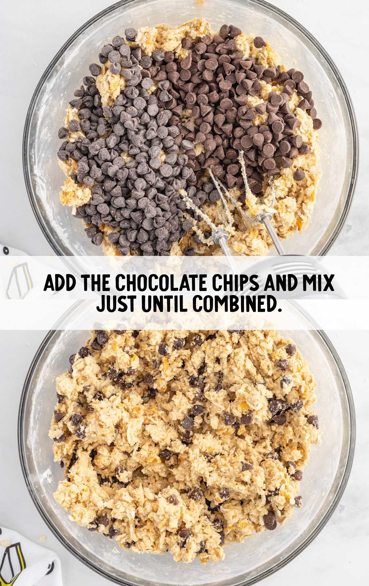 chocolate chip added to the cookie dough ingredients mixture in a bowl and then blended together