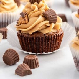close up shot of Reese's Peanut Butter Cupcake in a cupcake wrap