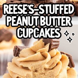 a bunch of Reese's Peanut Butter Cupcakes and a close up shot of Reese's Peanut Butter Cupcake with a bite taken out of it