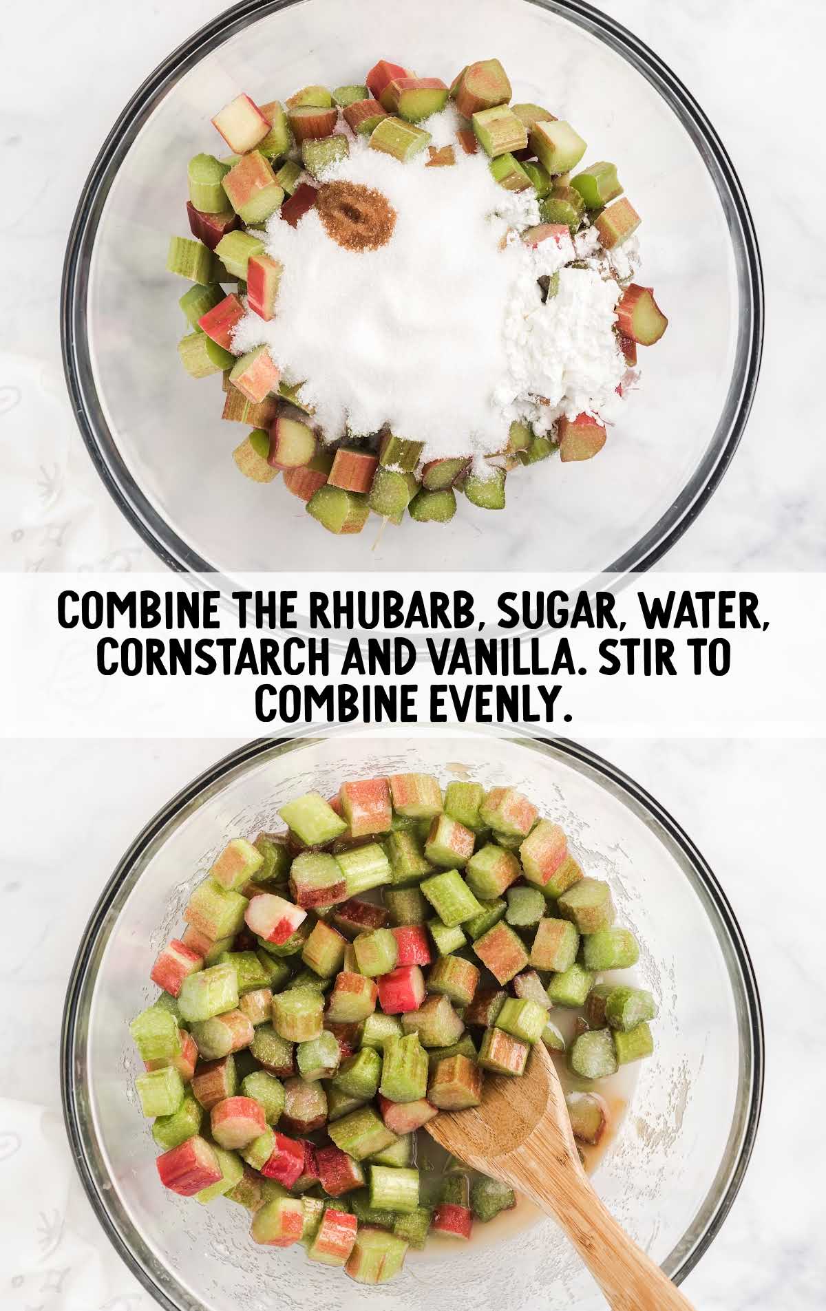 rhubarb, sugar, water, cornstarch and vanilla stir in a bowl