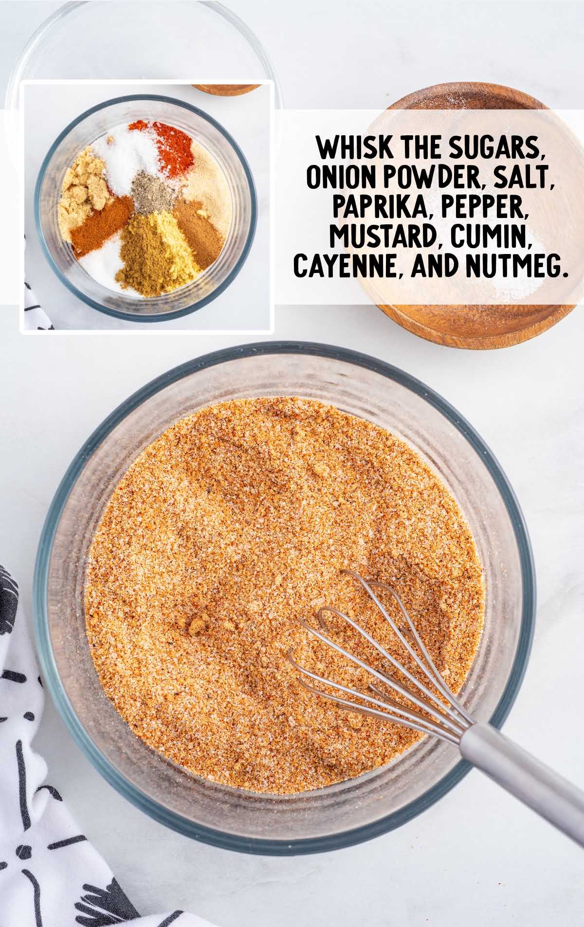 sugar, onion powder, salt, paprika, pepper, mustard, cumin, cayenne and nutmeg whisked together in a bowl