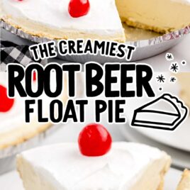 Root Beer Float Pie with a slice taken out topped with cherries and close up shot of a slice of Root Beer Float Pie topped with a cherry on a plate with a bite taken out of it