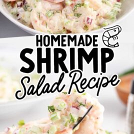 Shrimp Salad on a bowl and fork getting a piece of the Shrimp Salad