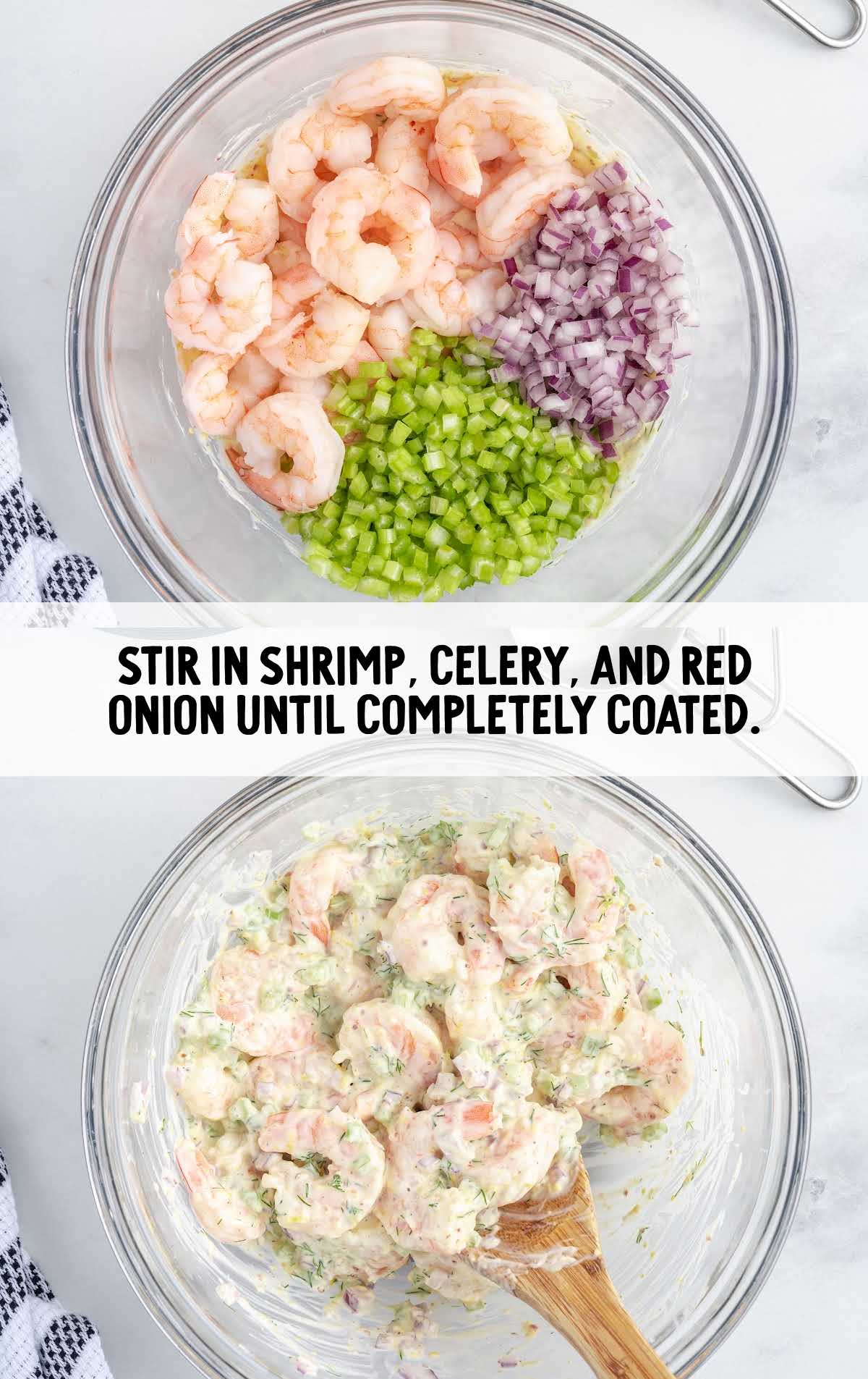 shrimp, celery, and red onions folded in a bowl