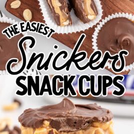 overhead shot of Snickers Snack Cups in cupcake wrapper and a close up shot of Snickers Snack Cups