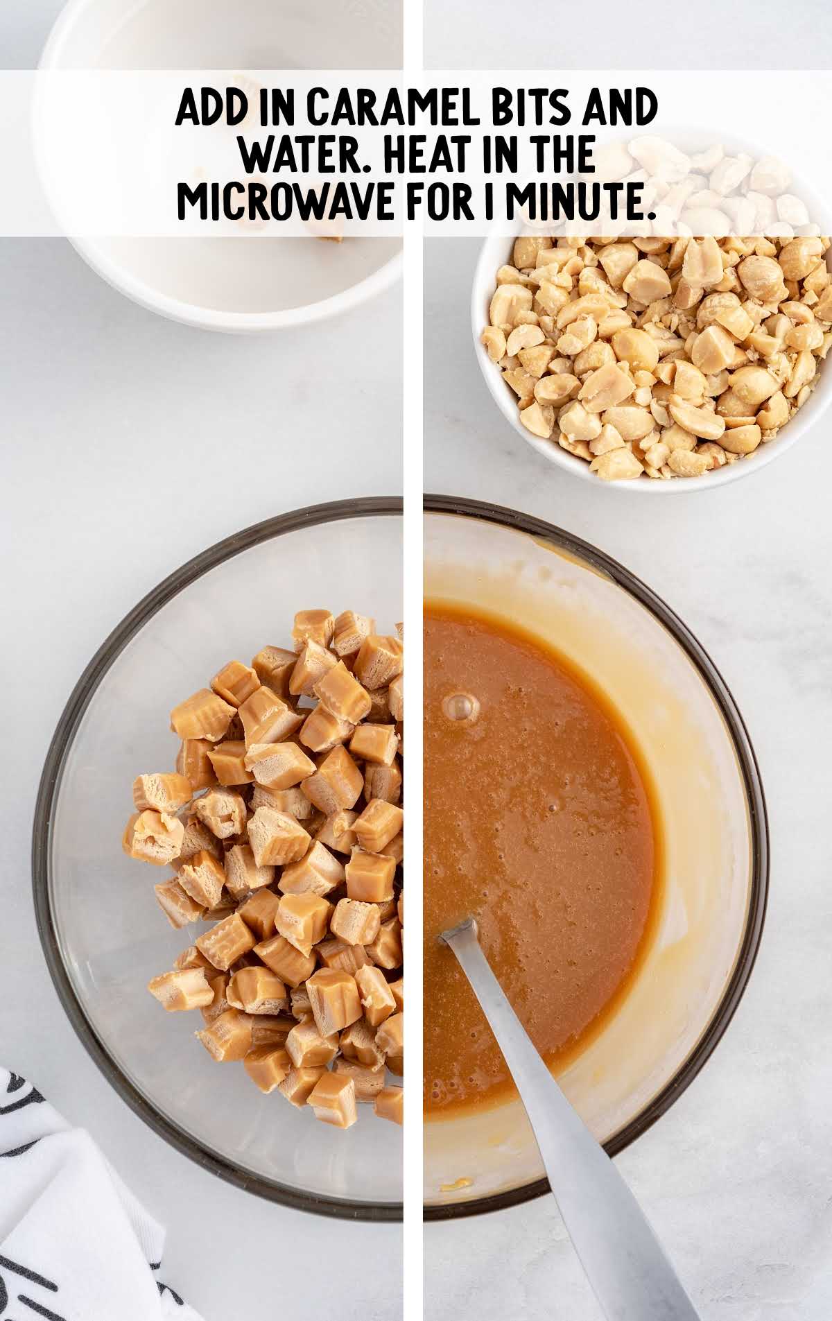 caramel bits and water in a bowl and then heated together