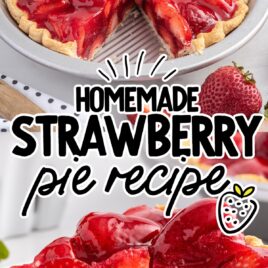 Strawberry Pie in a pie dish with a slice missing and a slice of Strawberry Pie in a a plate