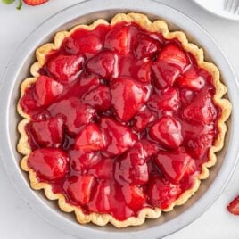overhead shot of a Strawberry Pie in a pie dish
