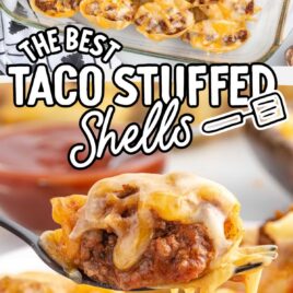 overhead shot of Taco Stuffed Shells in a baking dish and a piece of Taco Stuffed Shells on a fork