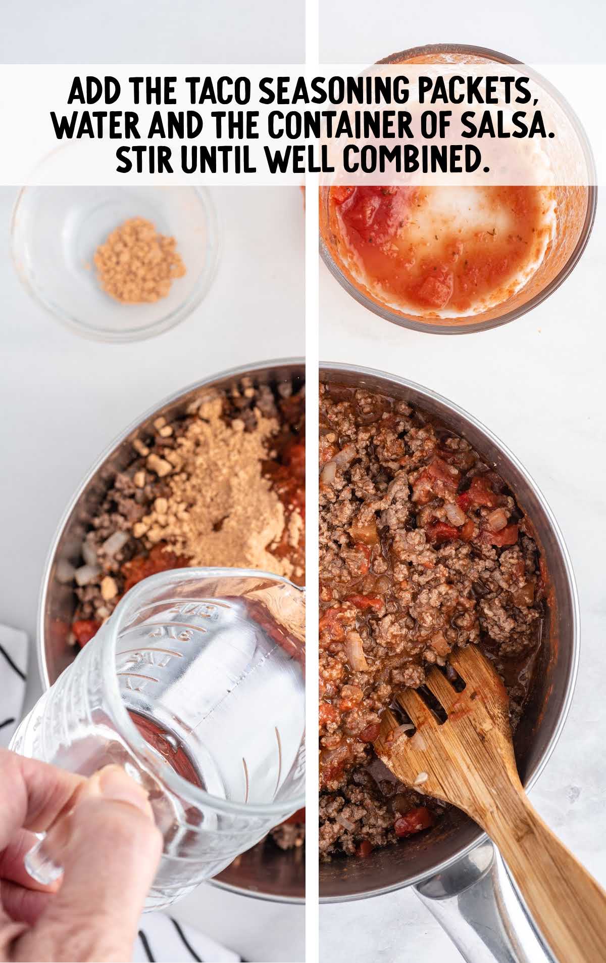 water, taco seasoning, and salsa folded together in a pan
