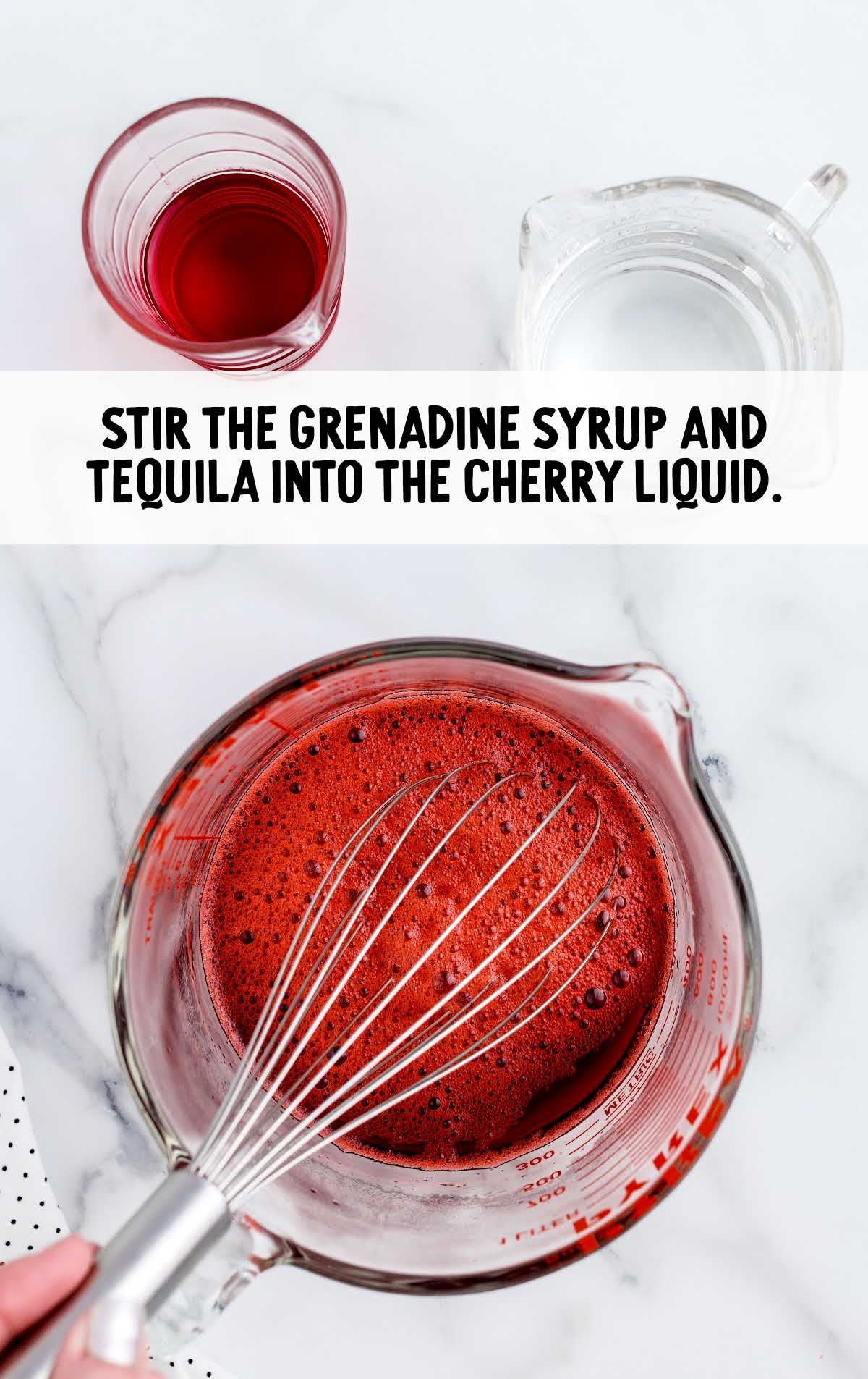 grenadine syrup and tequila whisked together in a measuring cup