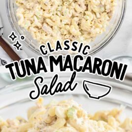 overhead shot of Tuna Macaroni Salad in a bowl and close up shot of Tuna Macaroni Salad in a bowl