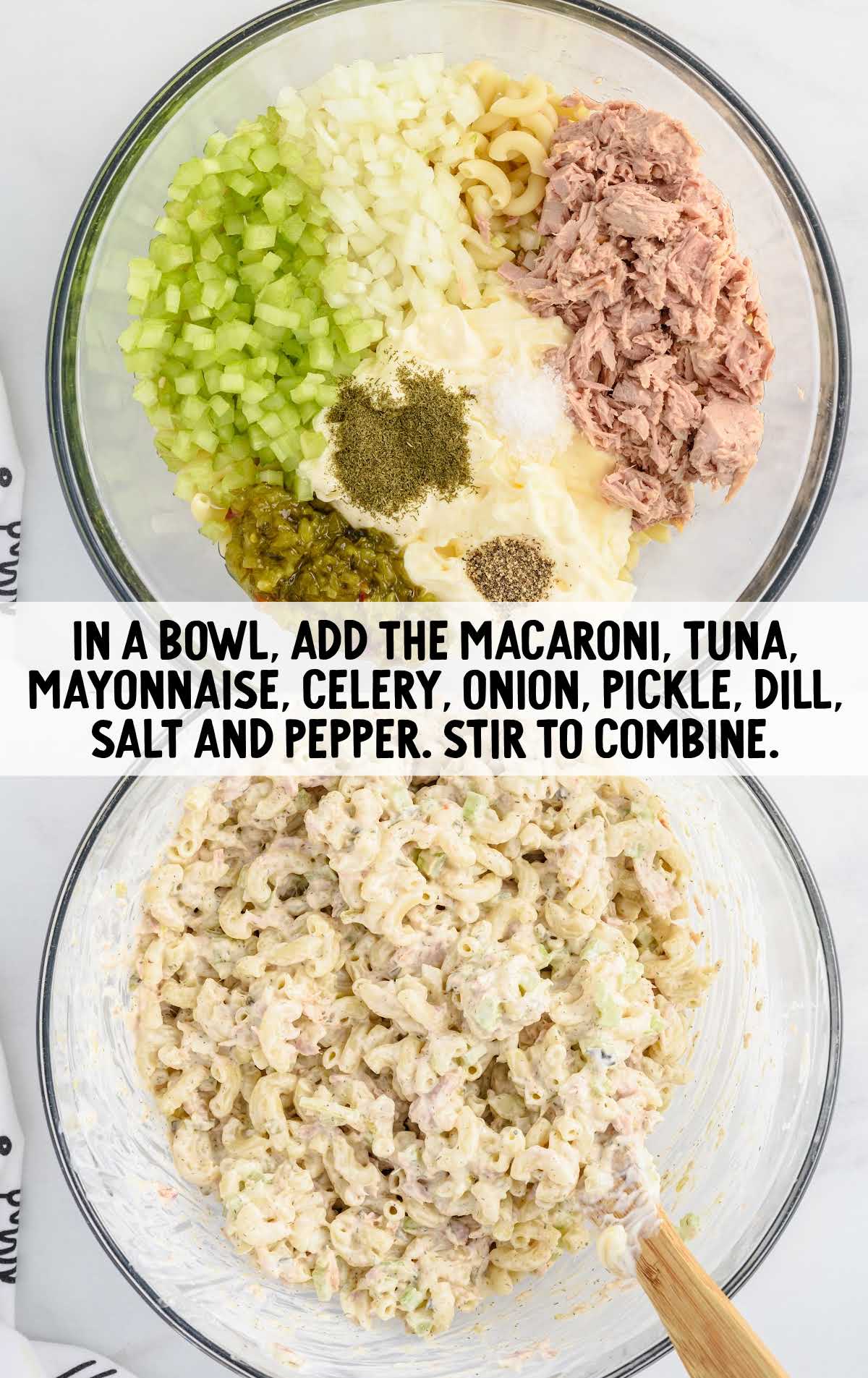 tuna macaroni salad ingredients folded together in a bowl