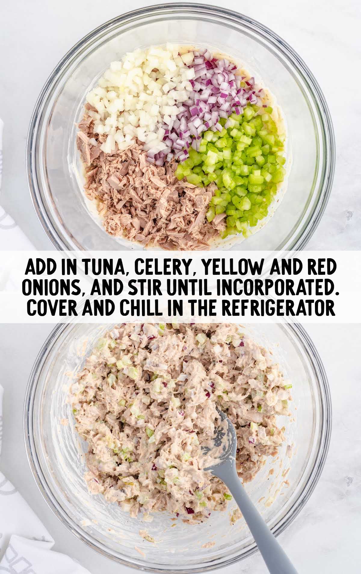 tuna, celery, yellow and red onions stir in a bowl