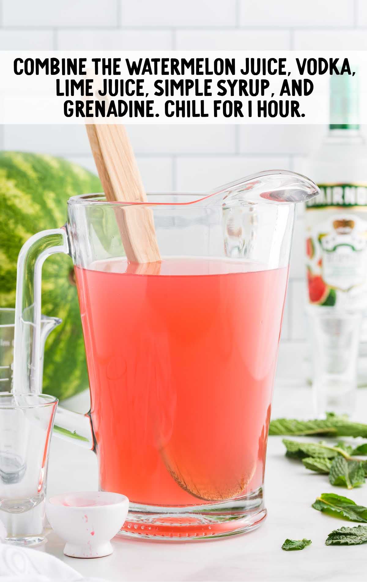 watermelon juice, vodka, lime juice, simple syrup, and grenadine combine in a pitcher