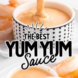 a jar of Yum Yum Sauce poured into a cup and a cup of a jar of Yum Yum Sauce with shrimp