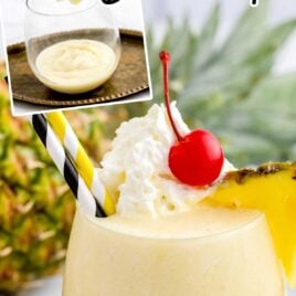 close up shot of Boozy Dole Whip in a glass topped with a slice of pineapple, whipped cream and cherry and Boozy Dole Whip being poured in a cup