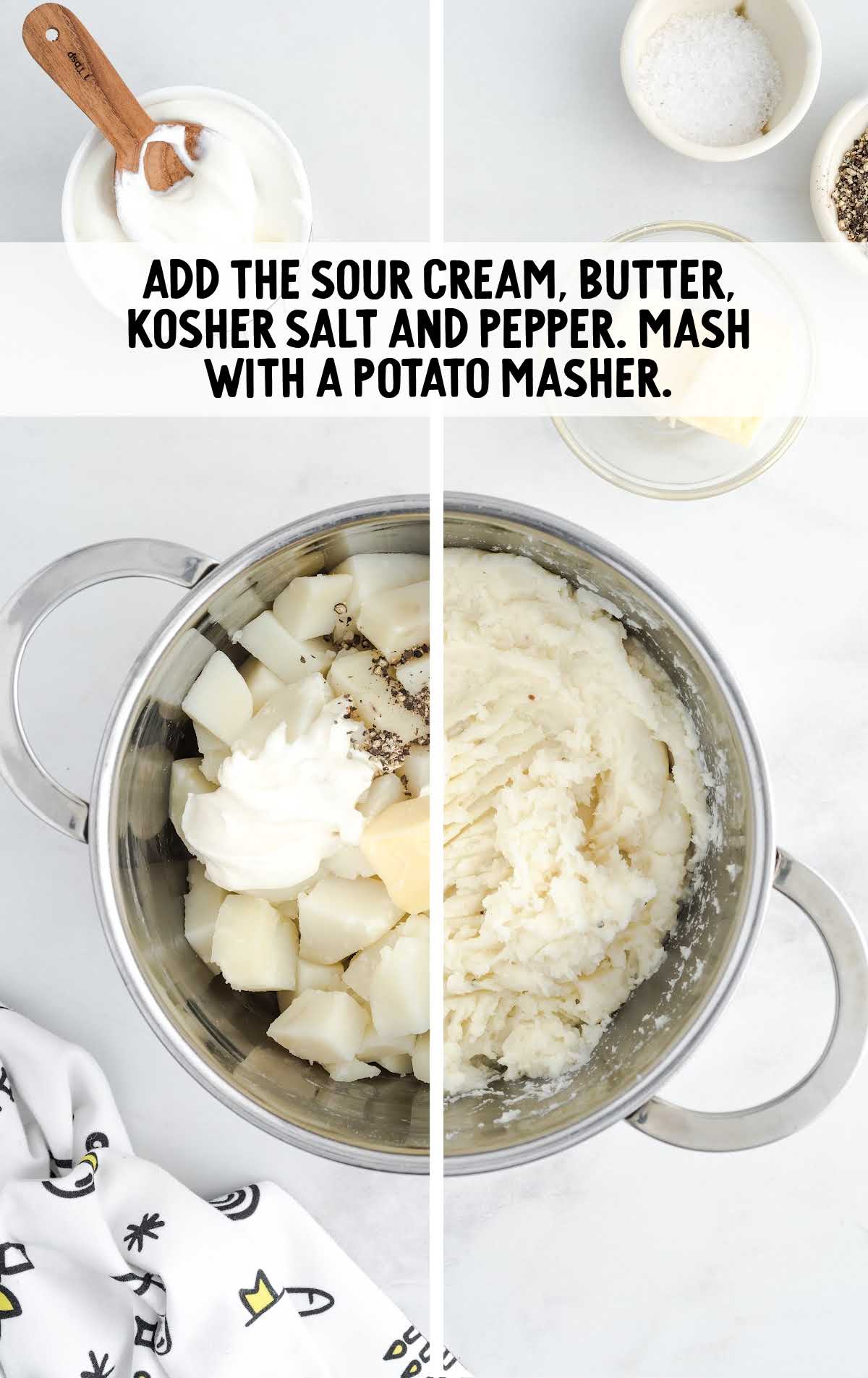 sour cream, butter, salt, and pepper mashed together in a pot