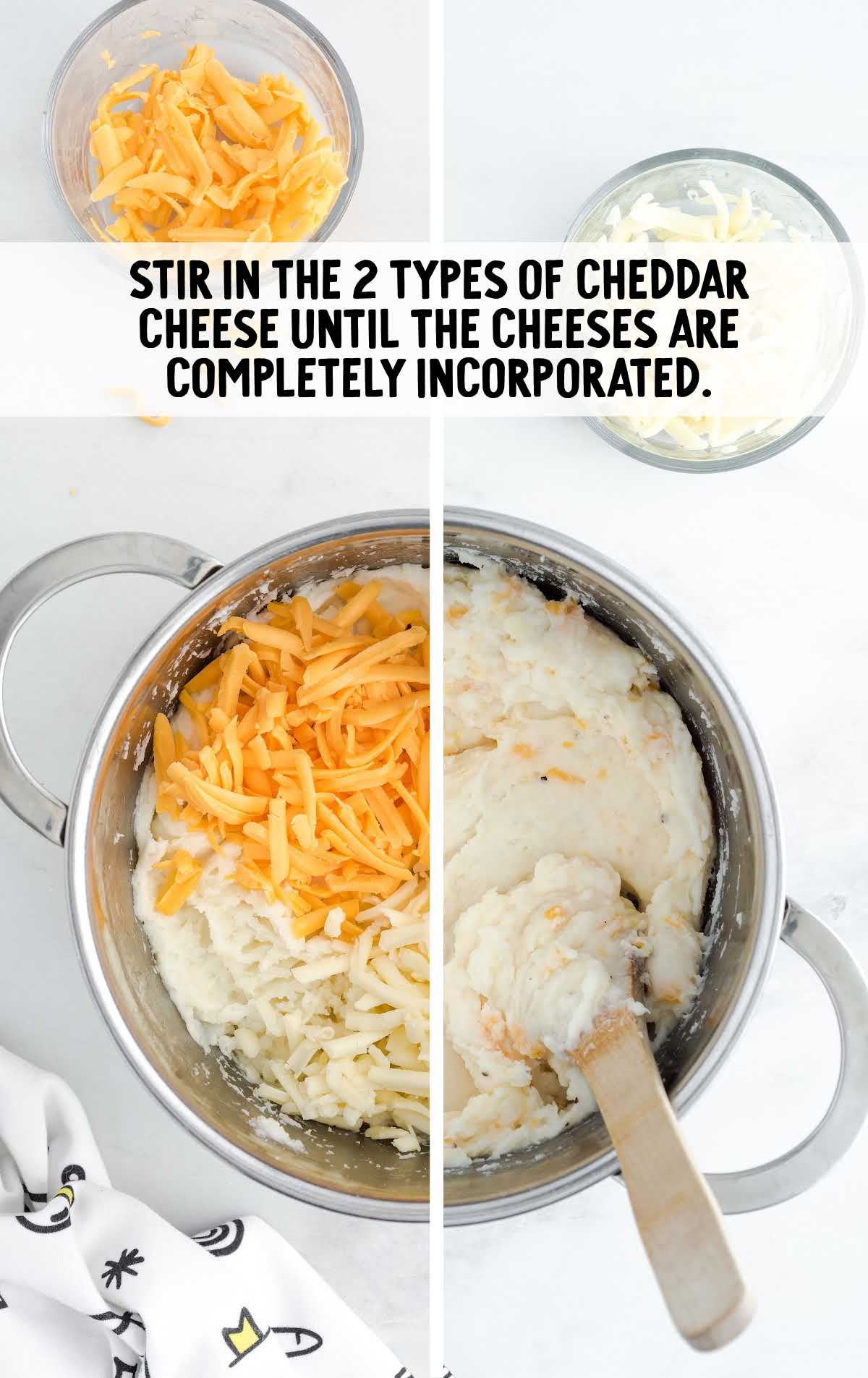 the two types of cheese on top of the mash potato mixture and then folded together in a pot