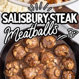 close up shot of Salisbury Steak Meatballs on a plate and overhead shot of Salisbury Steak Meatballs in a skillet