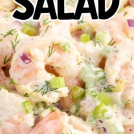 Close-up of a creamy Shrimp Salad with celery, red onions, and dill, topped with bold text reading “The Best Shrimp Salad” and a circle highlighting “Vintage Recipe!” in the bottom right corner.