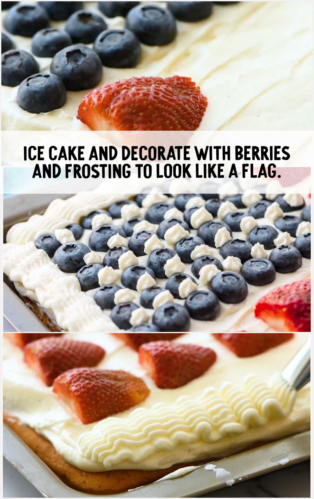 ice cake and decorate with berries and frosting on the cake