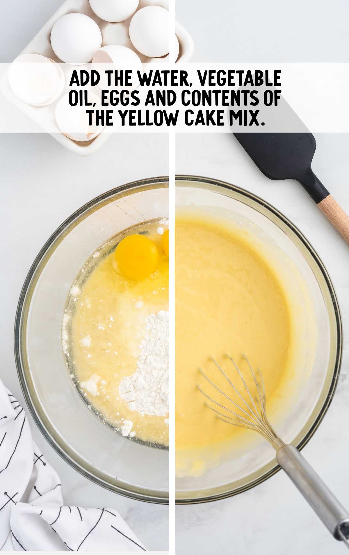 water, vegetable oil, eggs and yellow cake mix whisked in a bowl