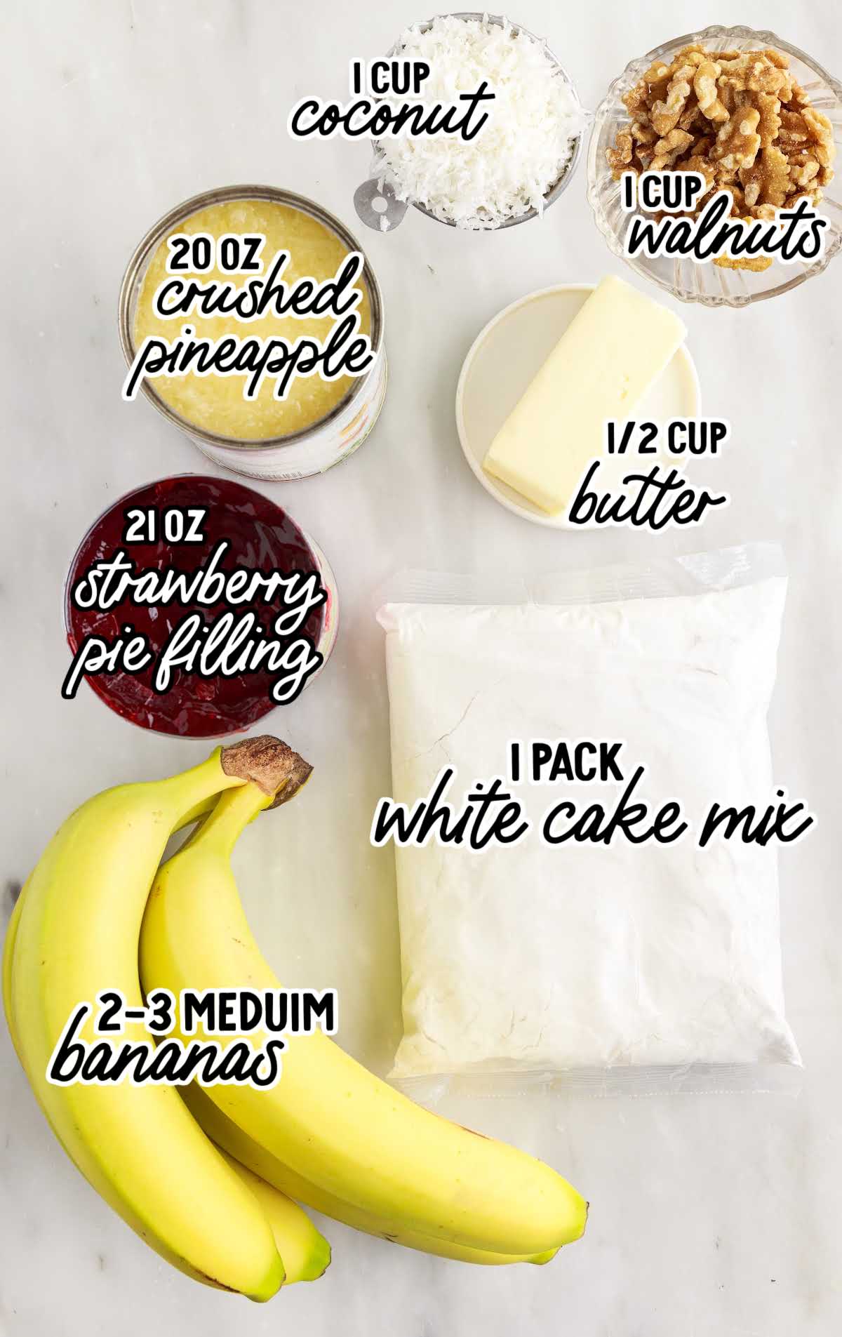 Banana Split Dump Cake raw ingredients that are labeled