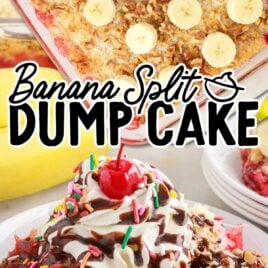 close up shot of a Banana Split Dump Cake on a plate and a overhead shot of Banana Split Dump Cake in a baking dish