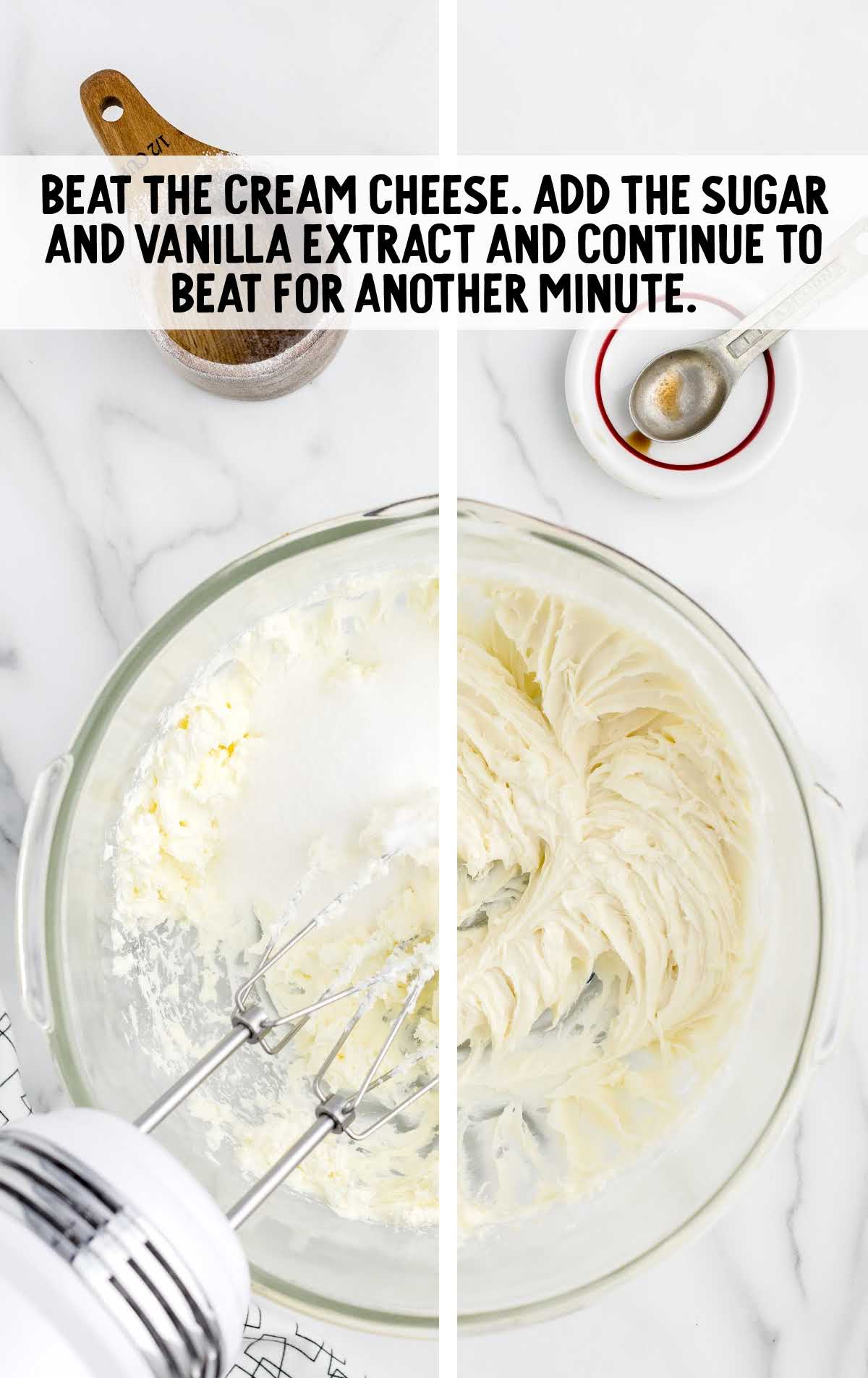 cream cheese, sugar, and vanilla extract blended together in a bowl.