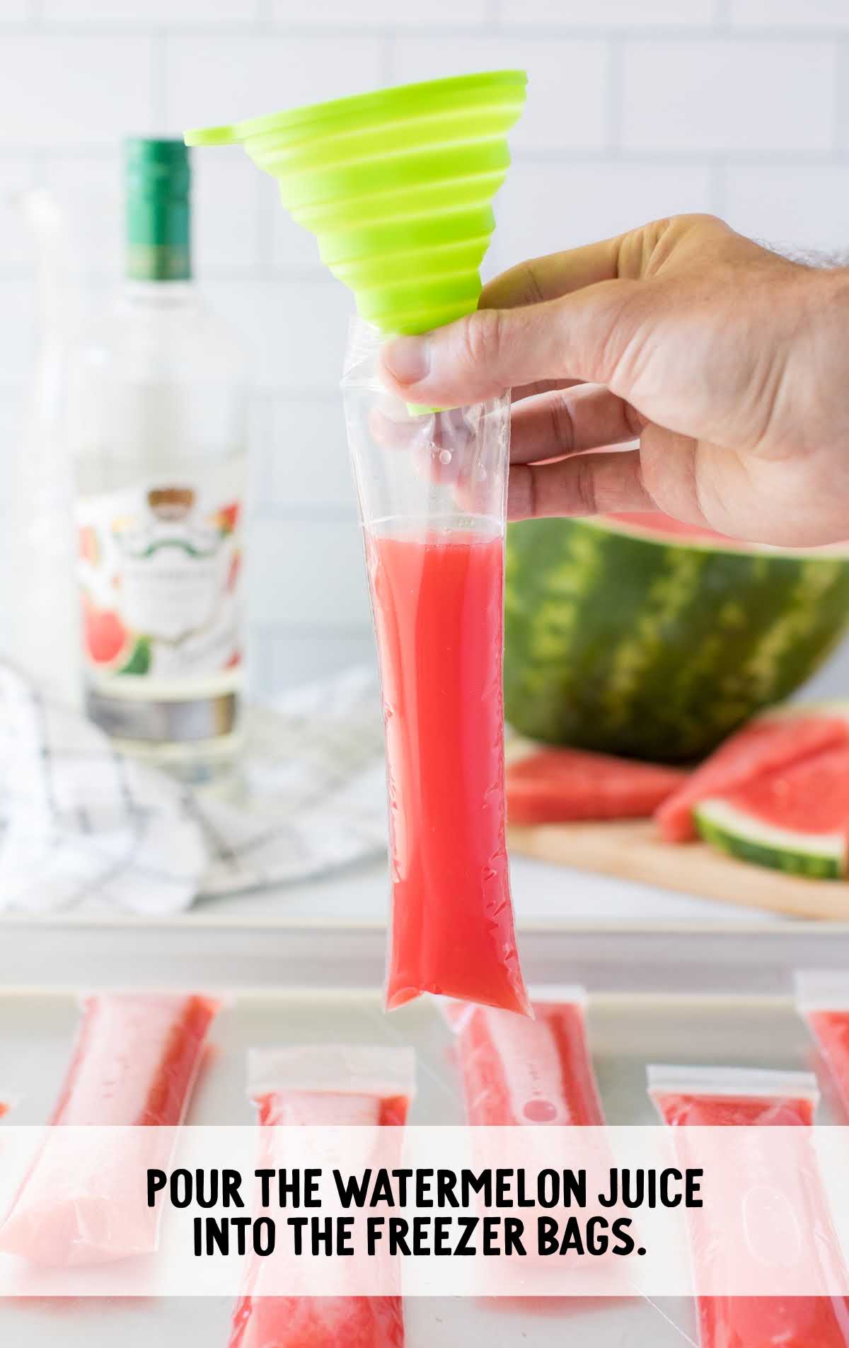 watermelon juice poured into the freezer bag