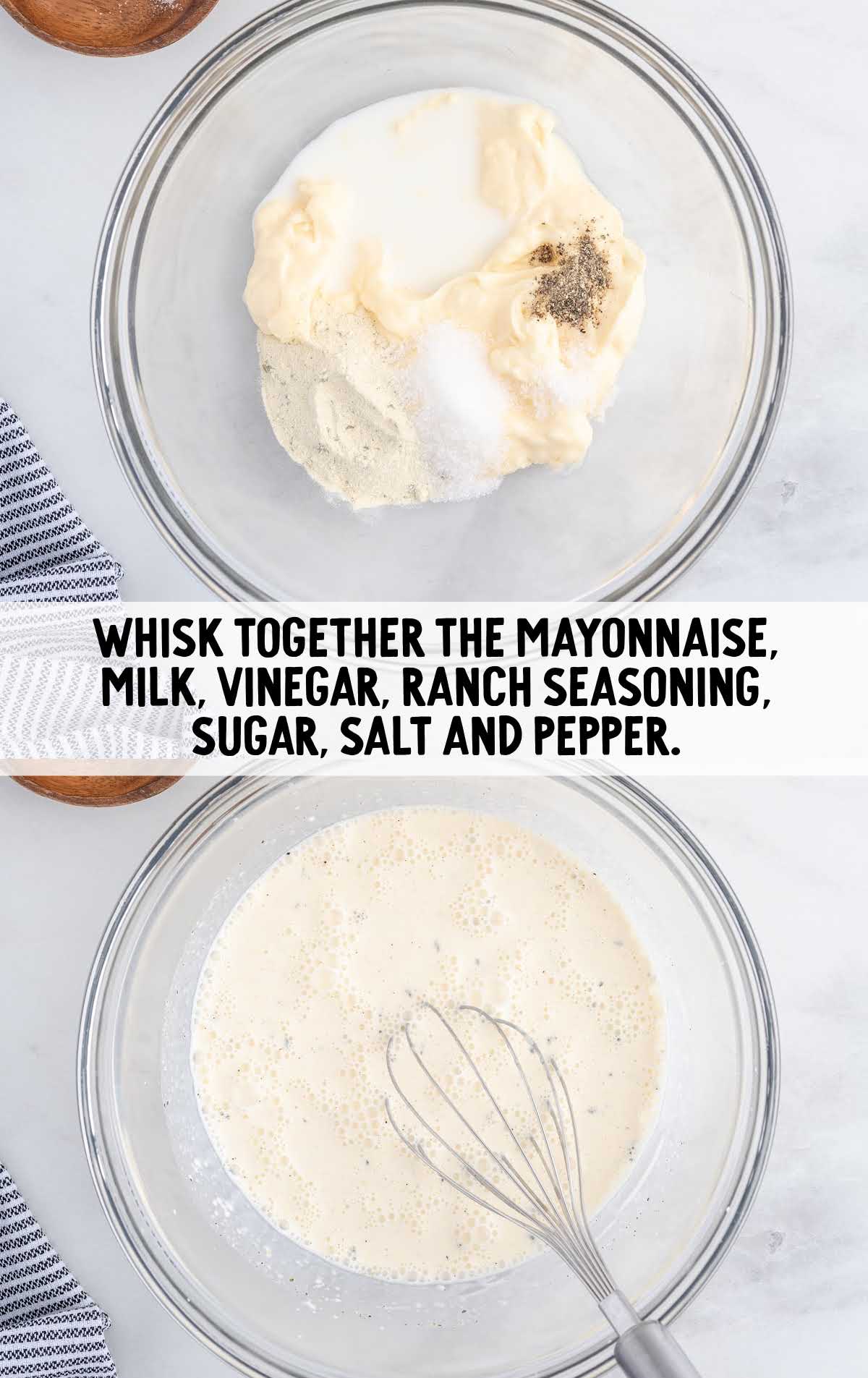 mayonnaise, milk, vinegar, ranch seasoning, sugar, salt and pepper whisked together in a bowl