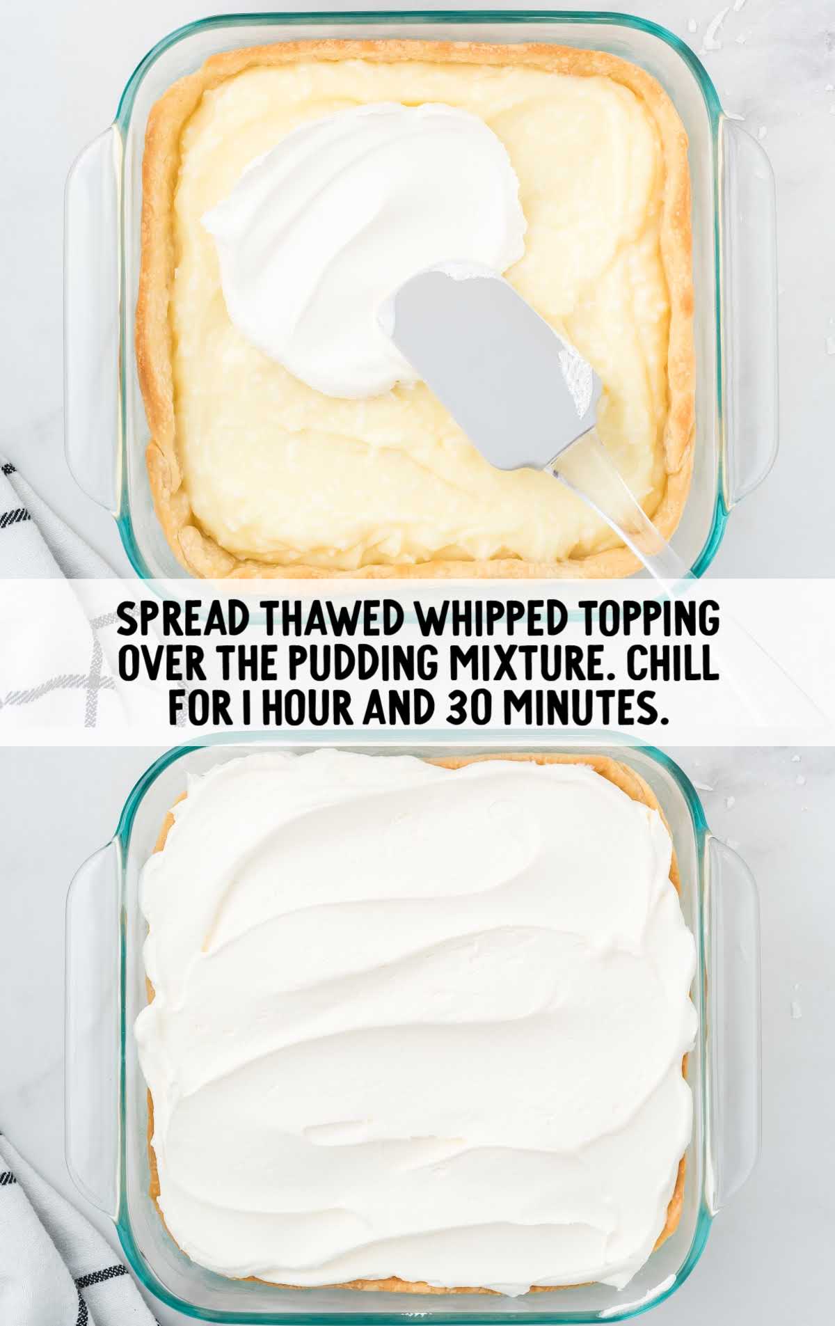 thawed whipped topping spread over the pudding mixture in a baking dish