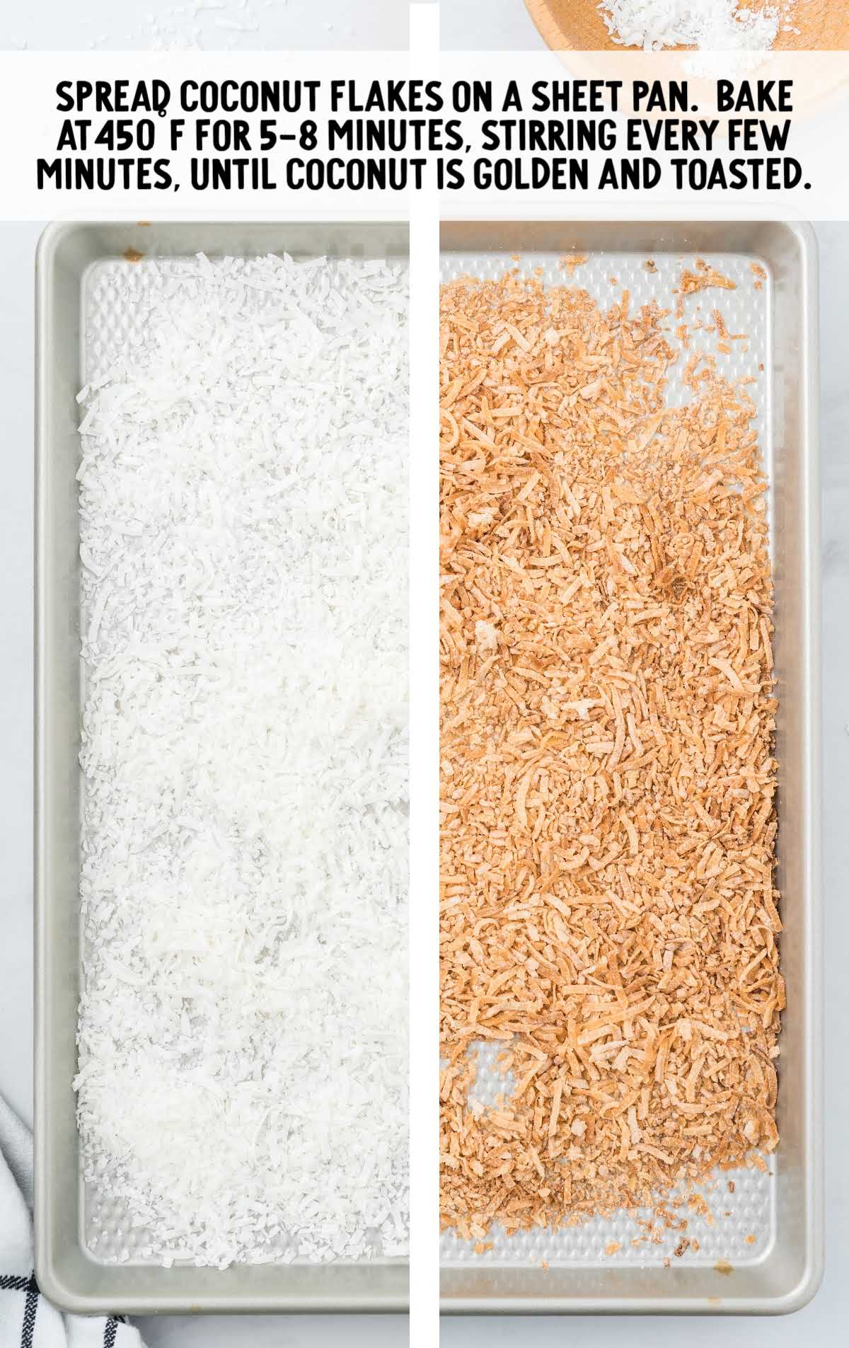 baked coconut flakes in a sheet pan 