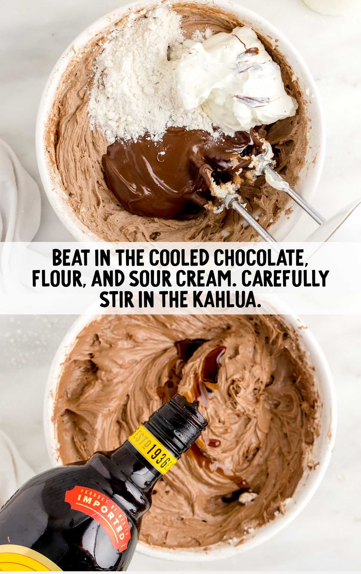 chocolate, flour, and sour cream blended in a bowl