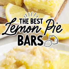 slices of Lemon Pie Bars on a wooden cutting board and a slice of Lemon Pie Bar on a plate with a slice of lemon