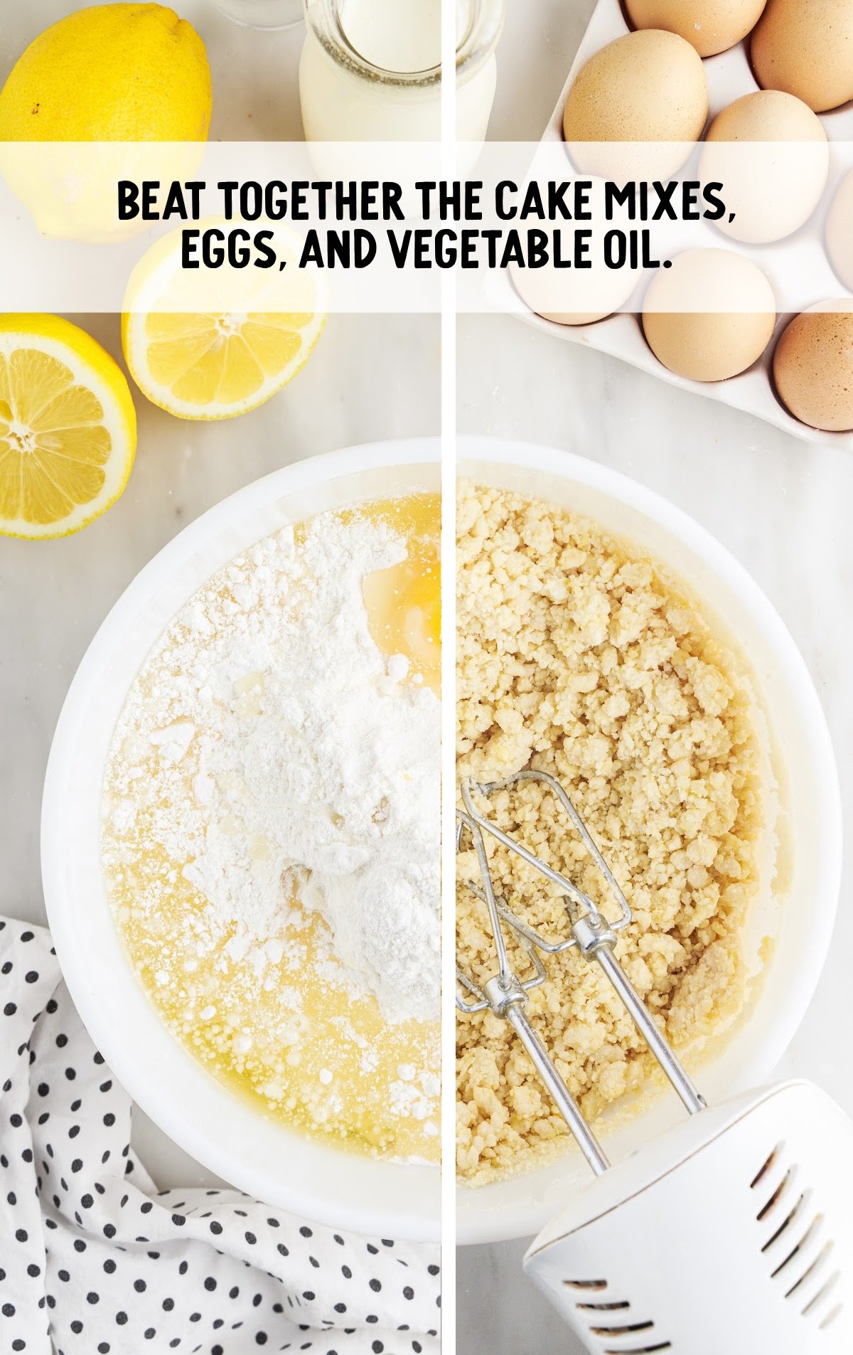 cake mixes, eggs and vegetable oil blended together in a bowl