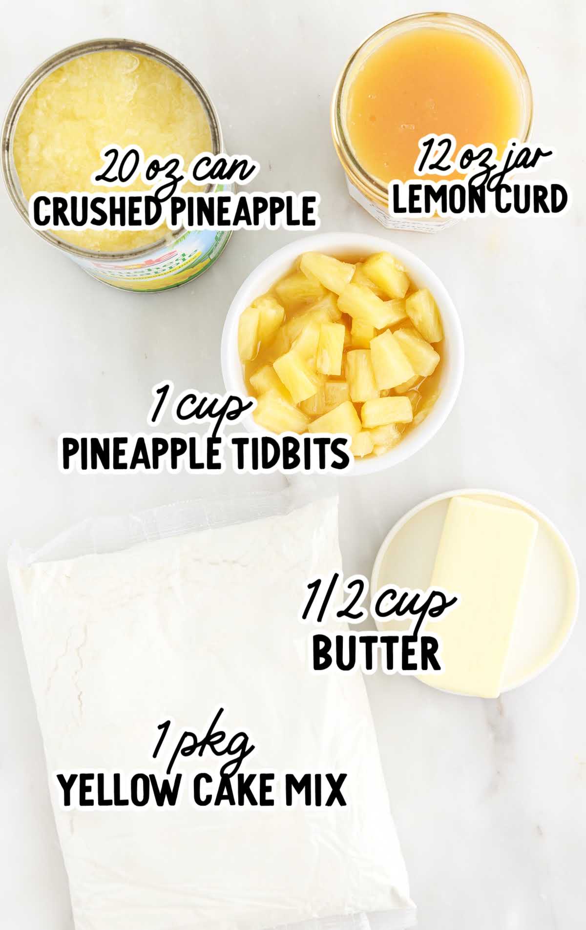 Lemon Pineapple Dump Cake raw ingredients that are labeled