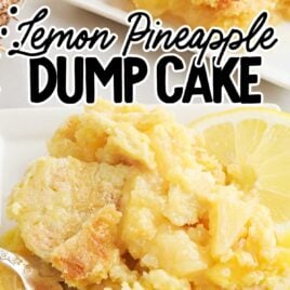 close up shot of a piece of Lemon Pineapple Dump Cake on a plate with a slice of lemon