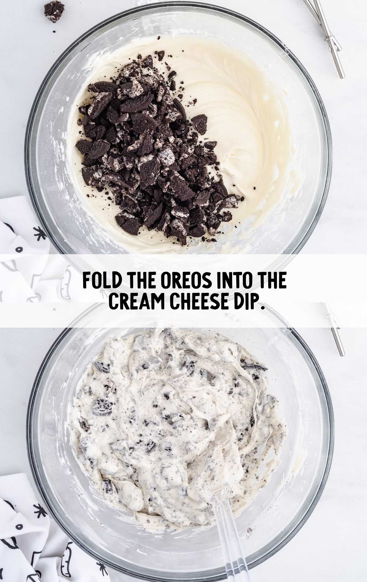 oreos and cream cheese folded in a bowl