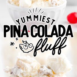 close up shot of Pina Colada Fluff in a bowl and a piece of Pina Colada Fluff on a spoon
