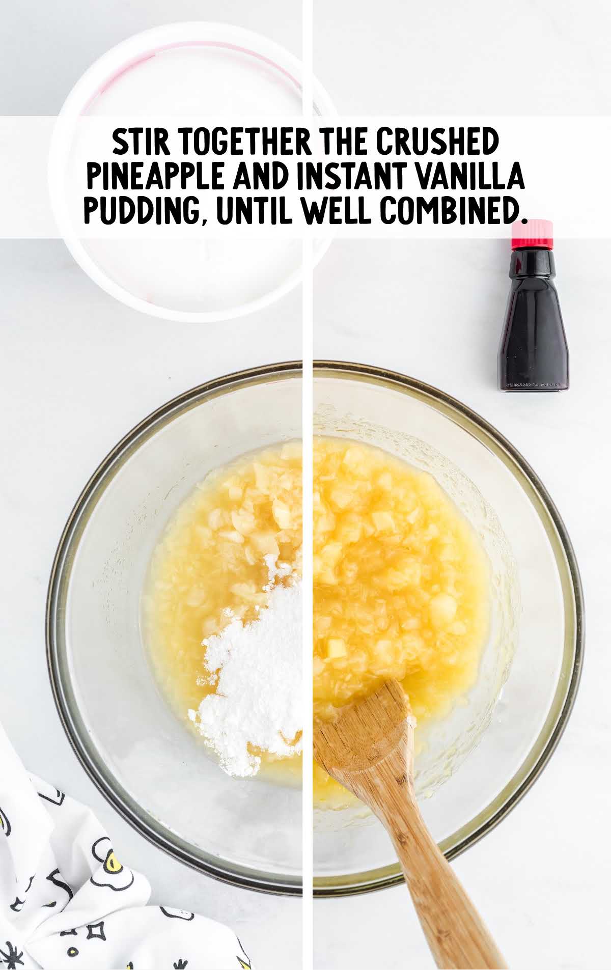 crushed pineapple and instant vanilla pudding stirred in a bowl