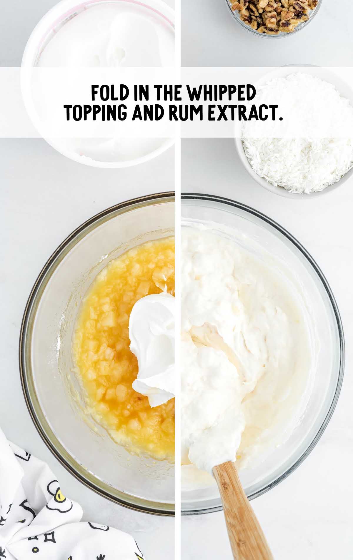 whipped topping and rum extract folded in a bowl