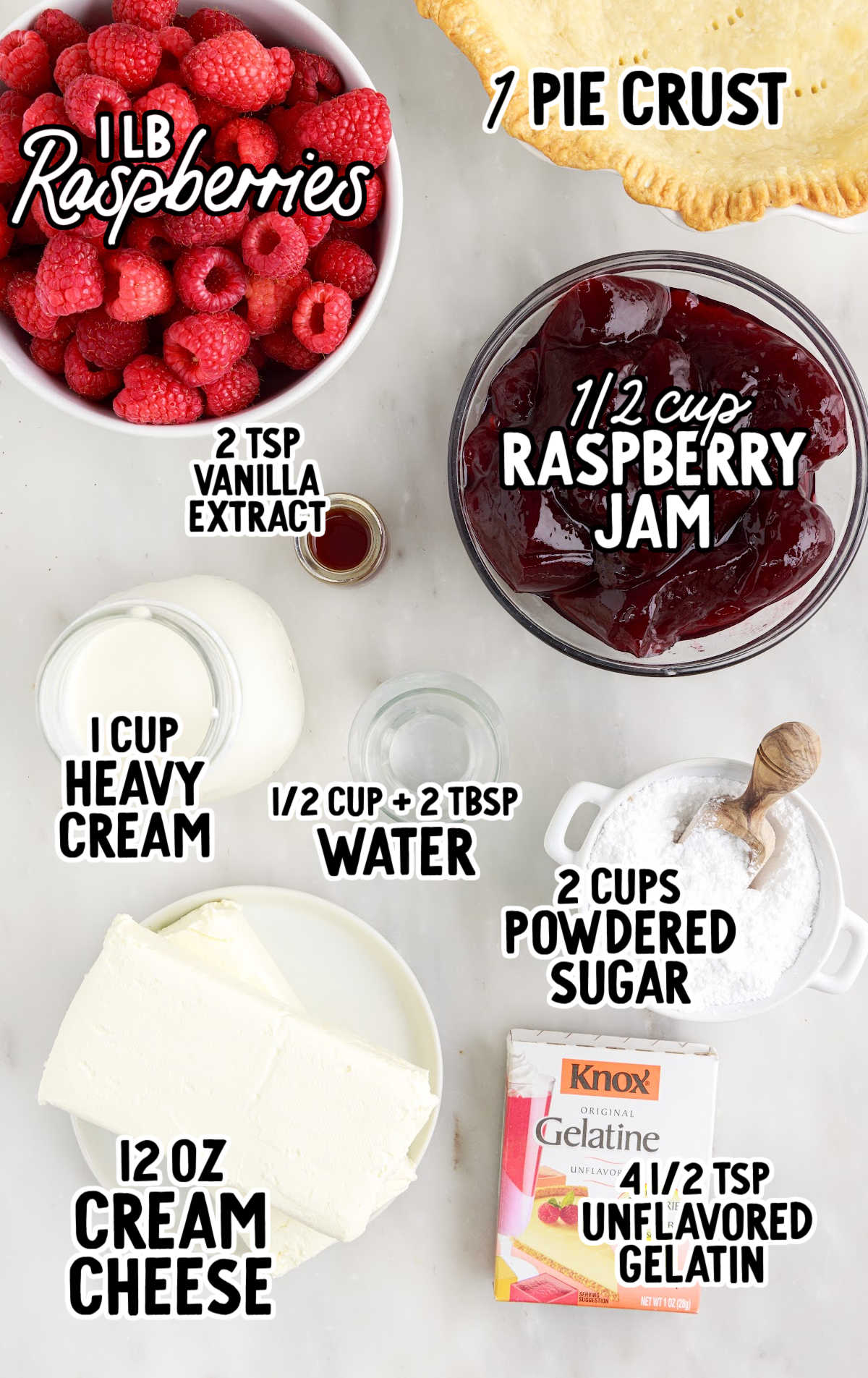 Raspberry Cream Cheese Pie raw ingredients that are labeled