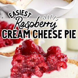 a close up shot of Raspberry Cream Cheese Pie in a pie dish with a slice taken out and a close up shot of Raspberry Cream Cheese Pie on a plate