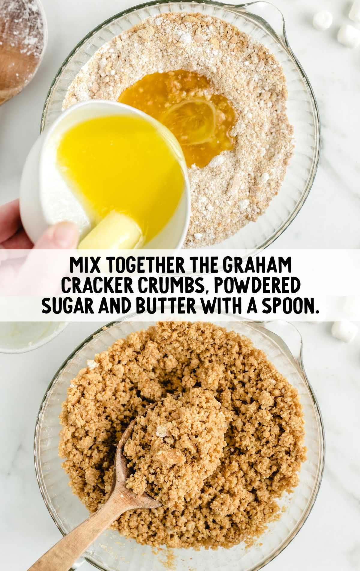 graham cracker crumbs, powdered sugar and butter folded in a bowl