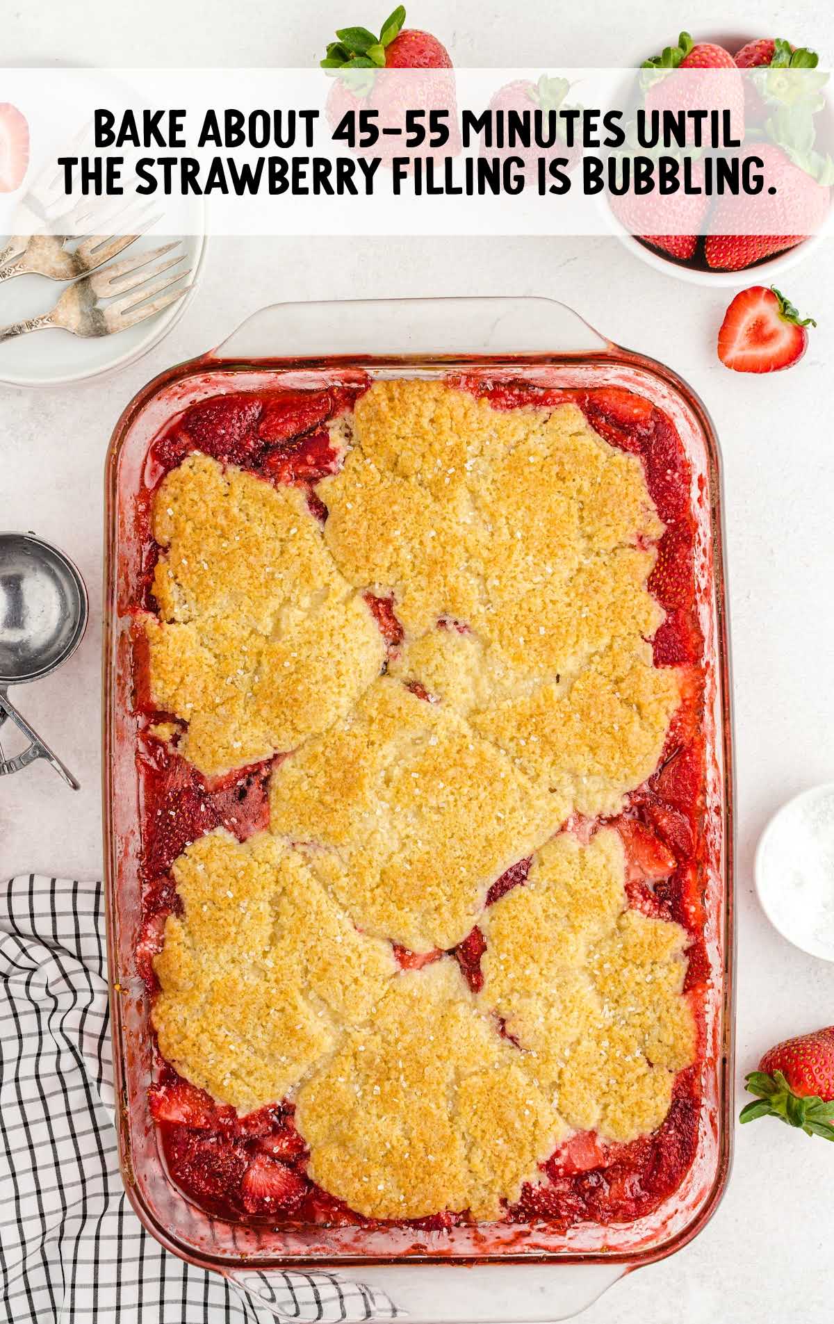 Strawberry Cobbler baked in a baking dish